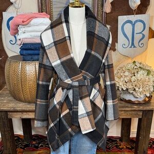 Chicwish Plaid Belted Coat - Black, Brown, White